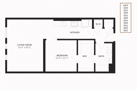 Floor plan for 1 bed, 1 bath, 800 sqft
